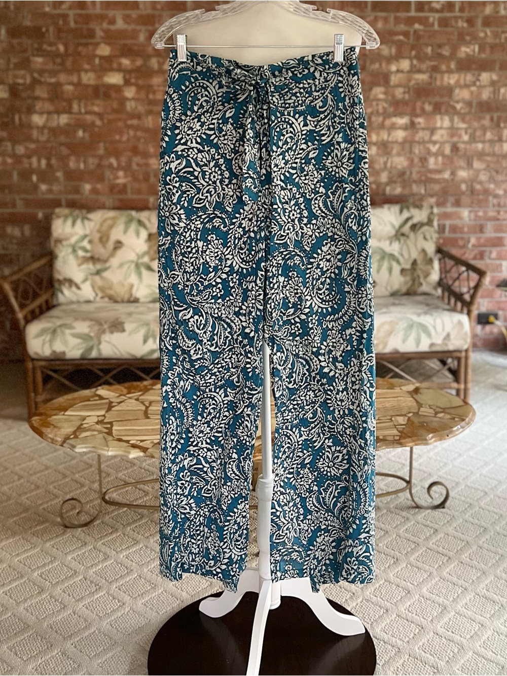 Zara Overlay Faux Wrap Pants Wide Leg Blue Paisley Tie Waist Cotton M NWT Boho